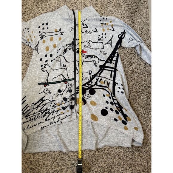 Et’ Lois Wearable Art Zip Up Cardigan Sweater Gray Paris Dog Print Medium/Large - Picture 5 of 6